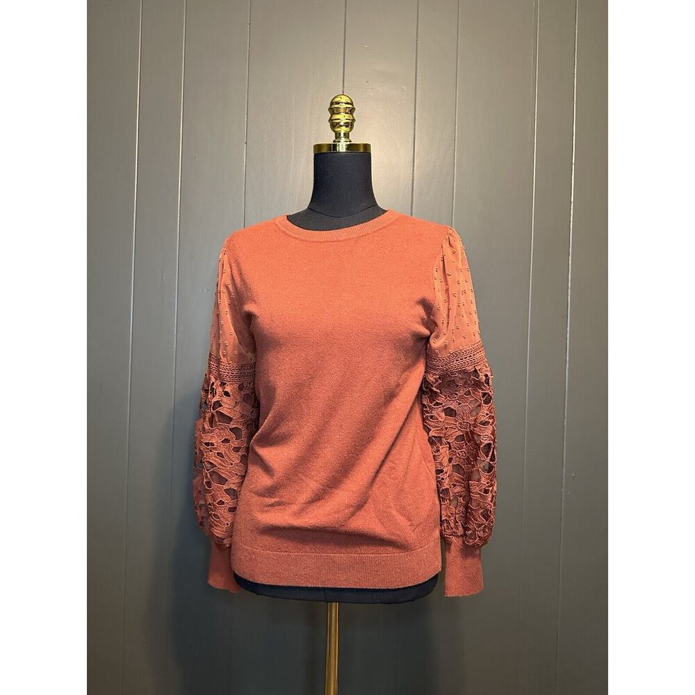 SIONI CREW NECK LONG SLEEVE SWEATER TOP Burnt Sienna Lace S Small‎